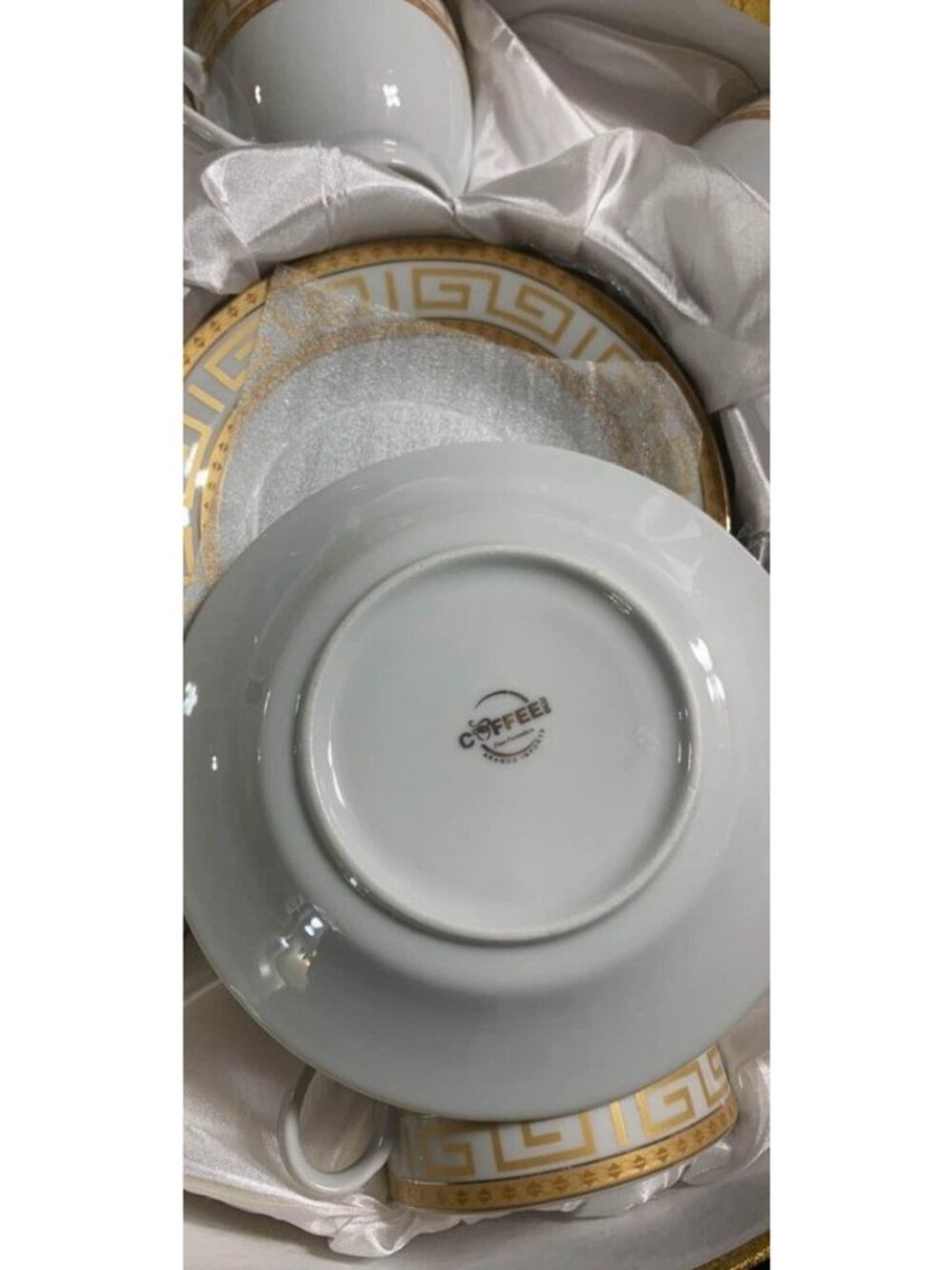 12 Pc Greek Key Fine Porcelain Coffee Set 6 Cups & Saucers Gold Trim Versace Sty - Picture 5 of 5